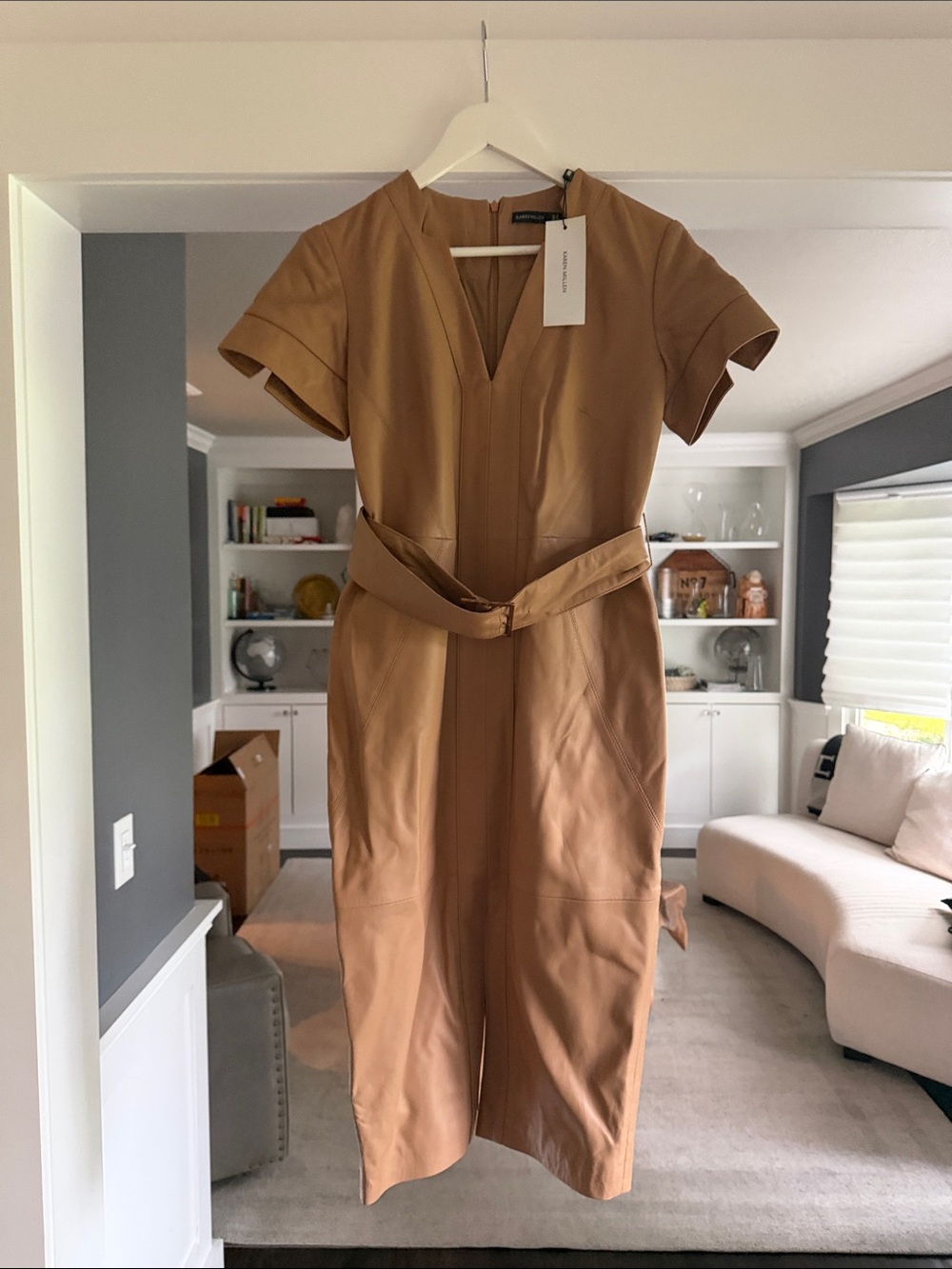 Karen Millen Camel Short-Sleeve Belted Midi Dress